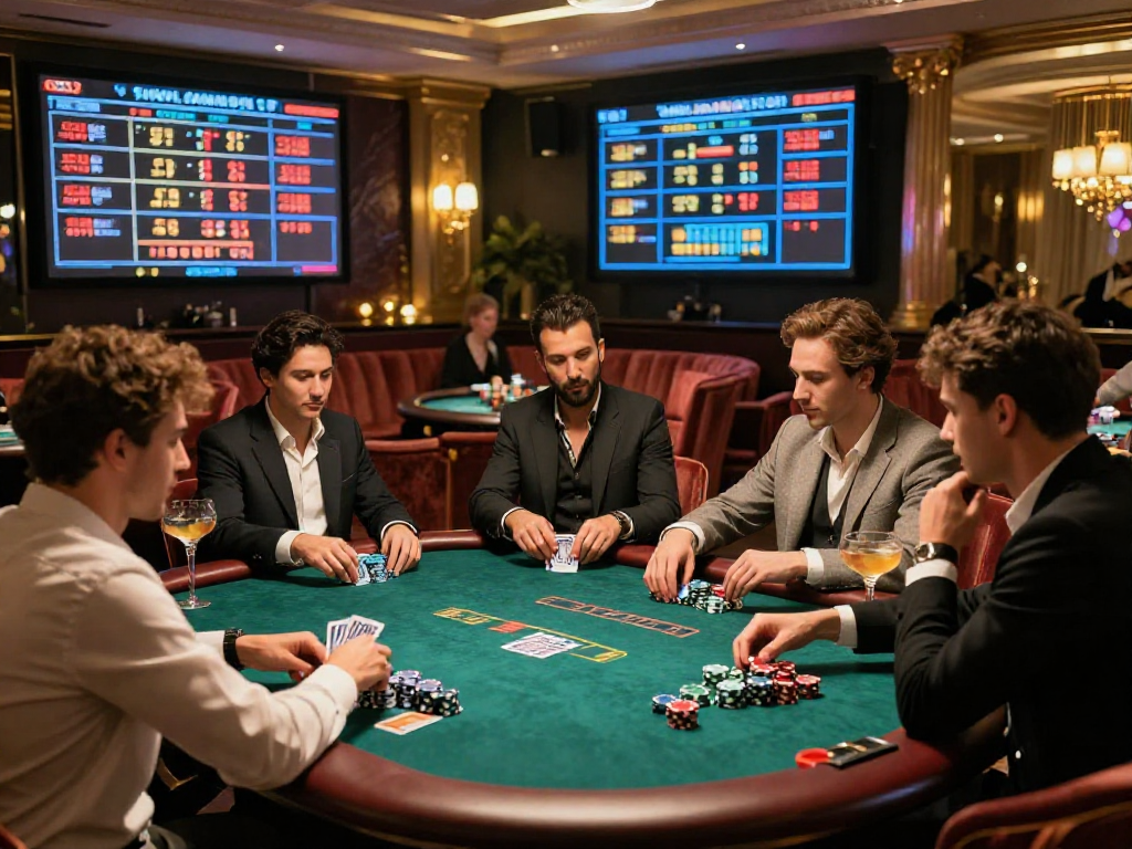 Giocatori nel prestigioso lounge di un casino, che si sfidano a poker mentre godono dell'atmosfera dei migliori casino online.