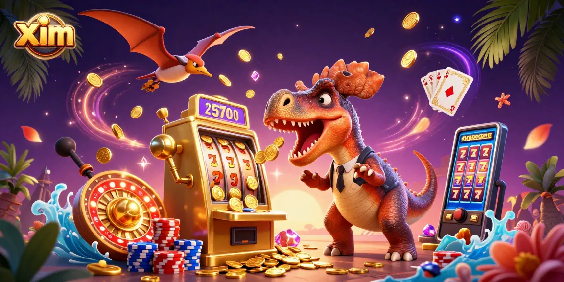 The pachycephalosaurus celebrates a jackpot at xim by headbutting a golden slot machine amidst a vibrant casino scene.