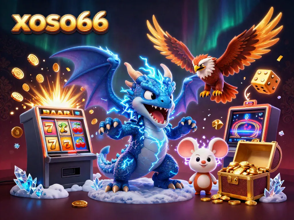 Spinning reels and jackpot wins at xoso66, featuring vibrant casino characters with dynamic imagery.