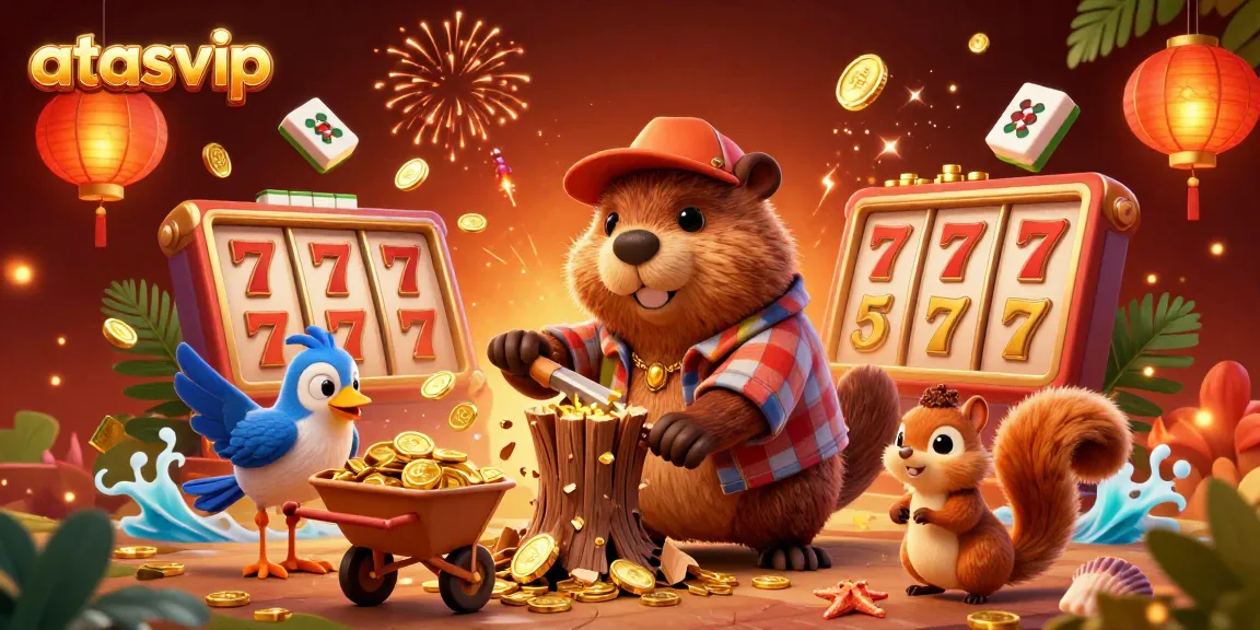 Experience vibrant casino action with atasvip, showcasing a joyous beaver collecting gold coins and slot elements.