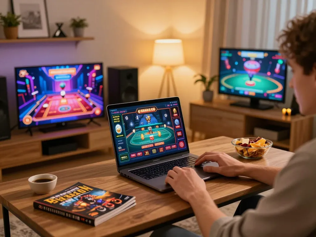 Player engaging with online games on lc88 com with warm home atmosphere and snacks.