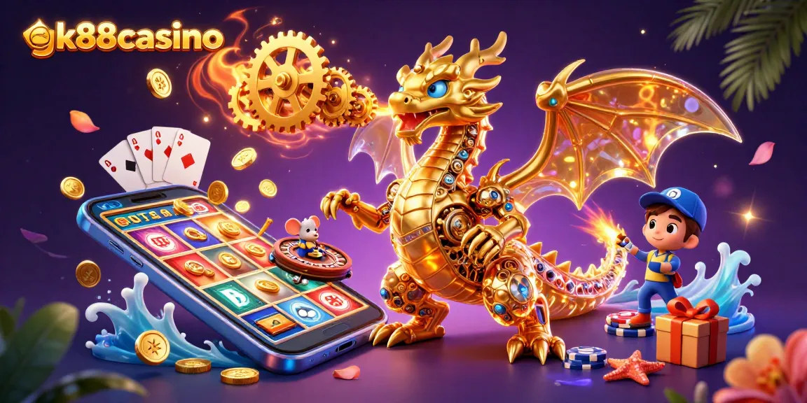 Join the excitement at gk88casino with a vibrant 3D illustration of thrilling gambling elements.