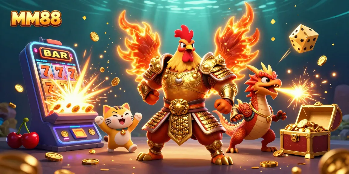 Experience the excitement at MM88 with the vibrant casino-themed 3D illustration featuring gaming characters.