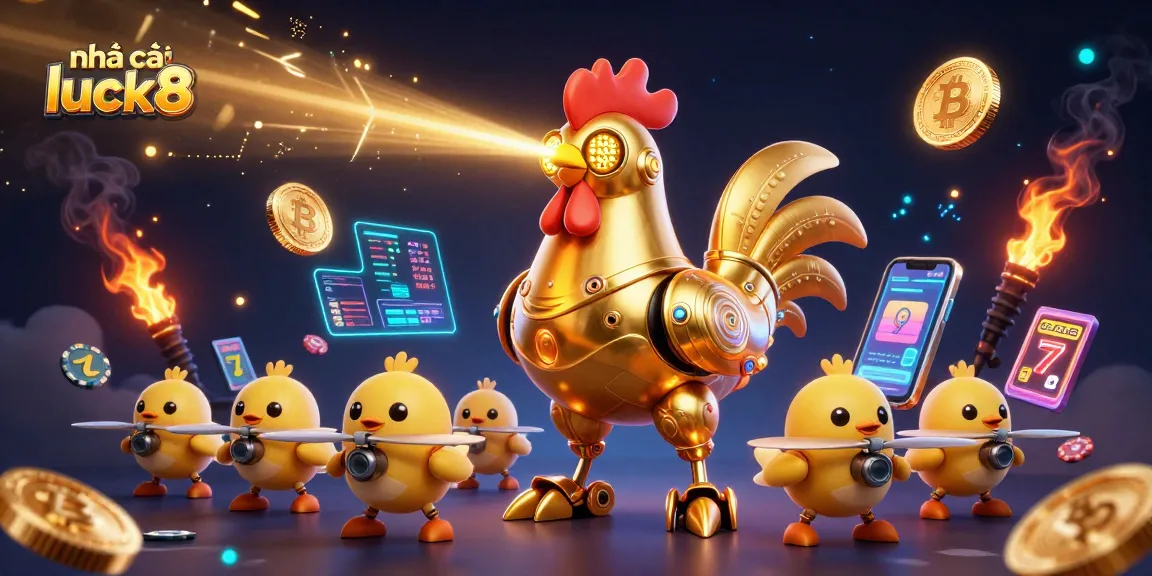 Engage with the dazzling world of nhà cái luck8 featuring a futuristic rooster robot amidst glowing crypto elements.