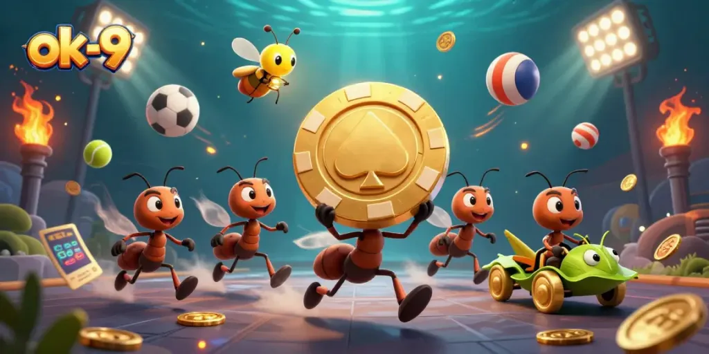 Experience the excitement of ok-9 with animated ants in a thrilling casino heist scene.