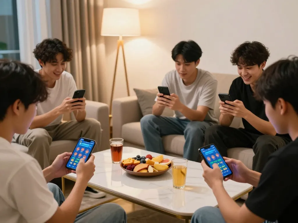 Engaging in đánh đề online with excited players using smartphones in a cozy living room setting