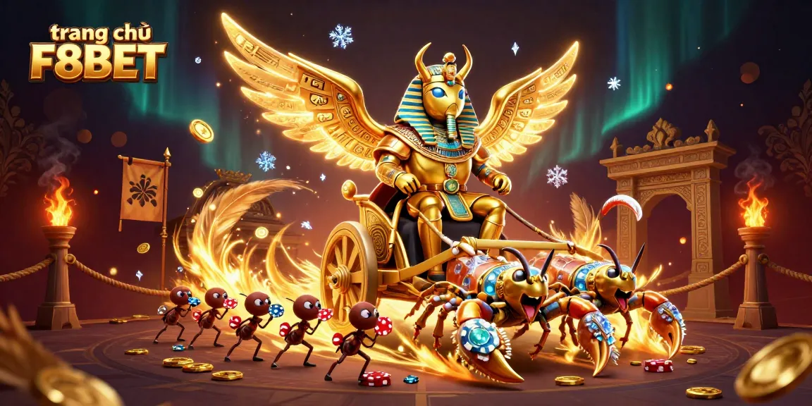 This vibrant scene showcases the trang chủ F8BET with a golden scarab beetle, chariot, and scorpions set in a dynamic casino-themed arena.