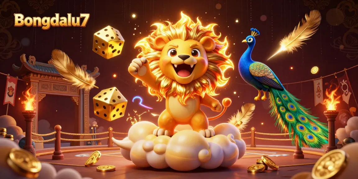 Bongdalu7 visualizes an electrifying casino scene featuring a roaring sun lion, golden dice, and vibrant game elements.