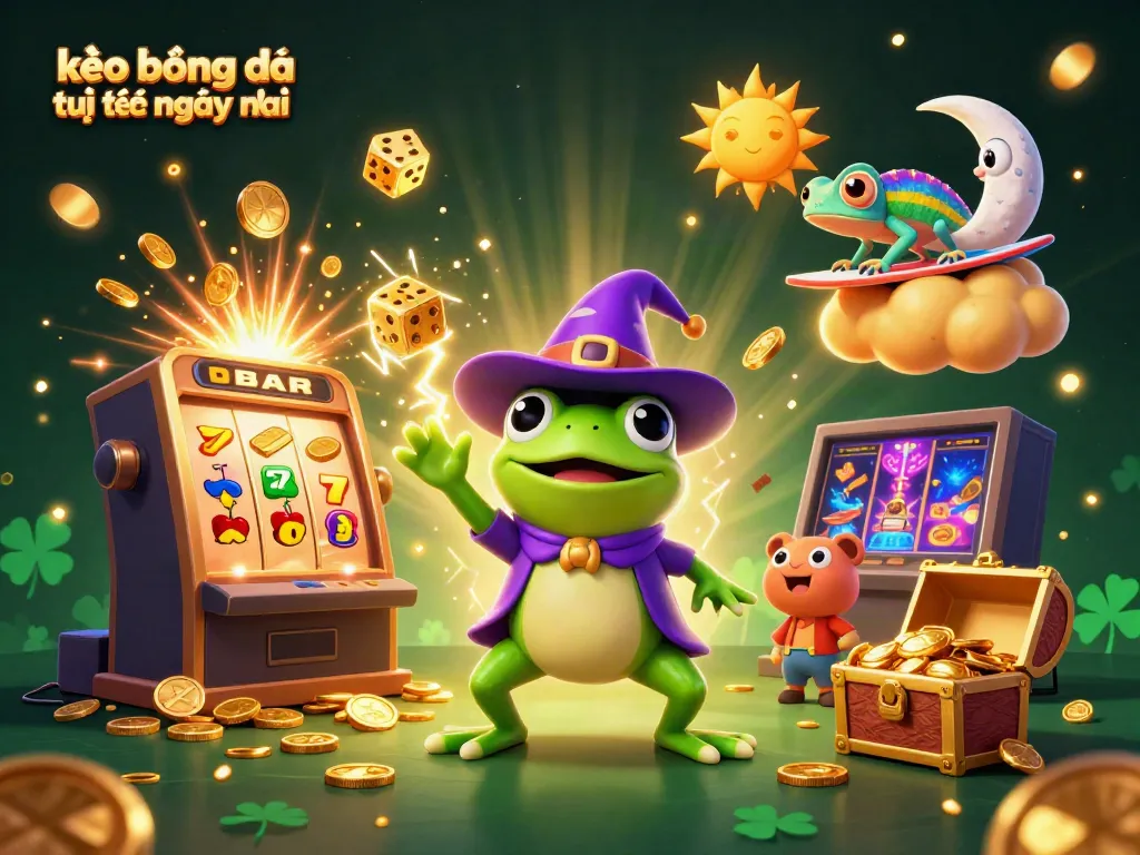 Engage in kèo bóng đá trực tuyến ngày mai with a vibrant scene of a wizard frog and chameleon amidst casino elements.