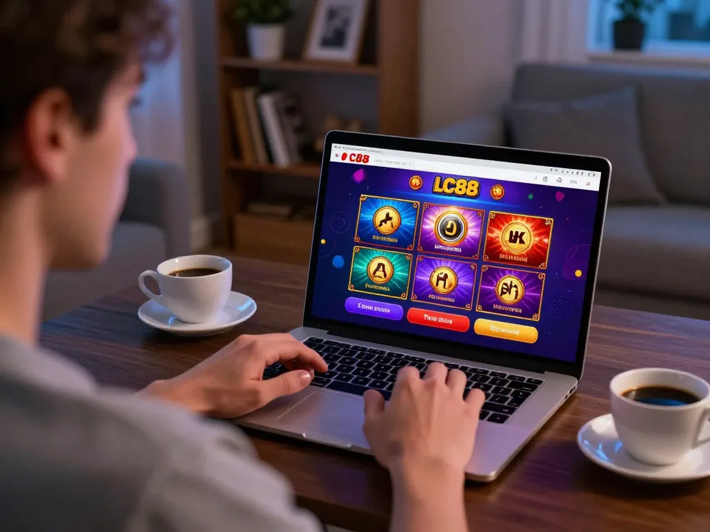 Engaged user exploring LC88's online casino gaming interface on a laptop in a cozy home setting.