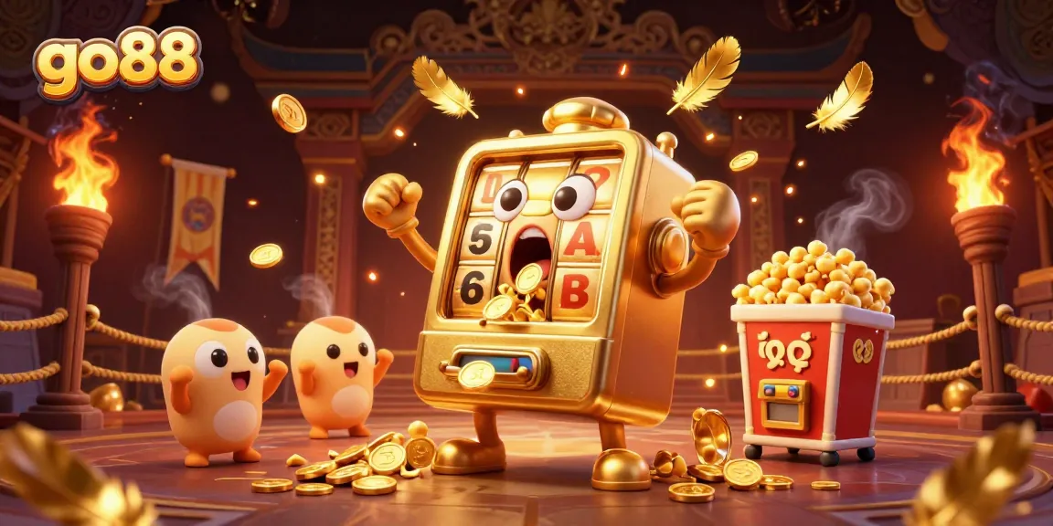Experience the excitement of go88 as the golden slot machine hits the jackpot, showering coins.