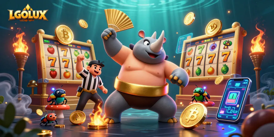 Experience the thrilling slot action at LGOLUX with a dynamic 3D beetle champion illustration.