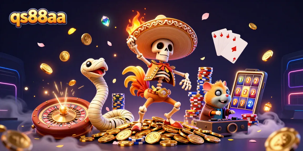 Celebrate wins at qs88aa with a lively 3D casino illustration, featuring vibrant characters and game elements.