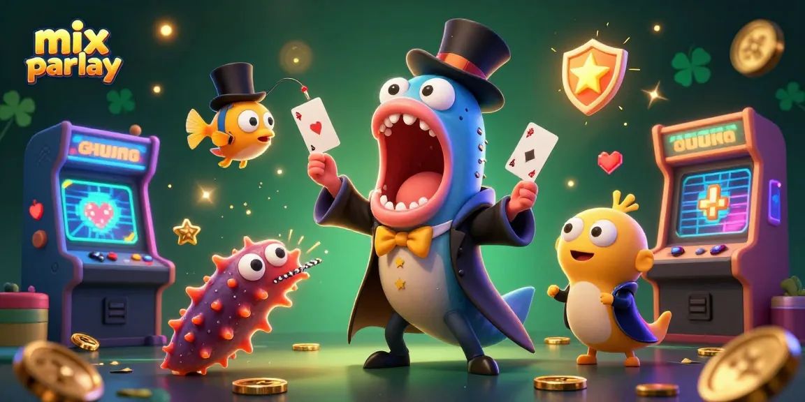 Bet on mix parlay with vibrant casino-themed 3D illustration of gambling characters and elements.