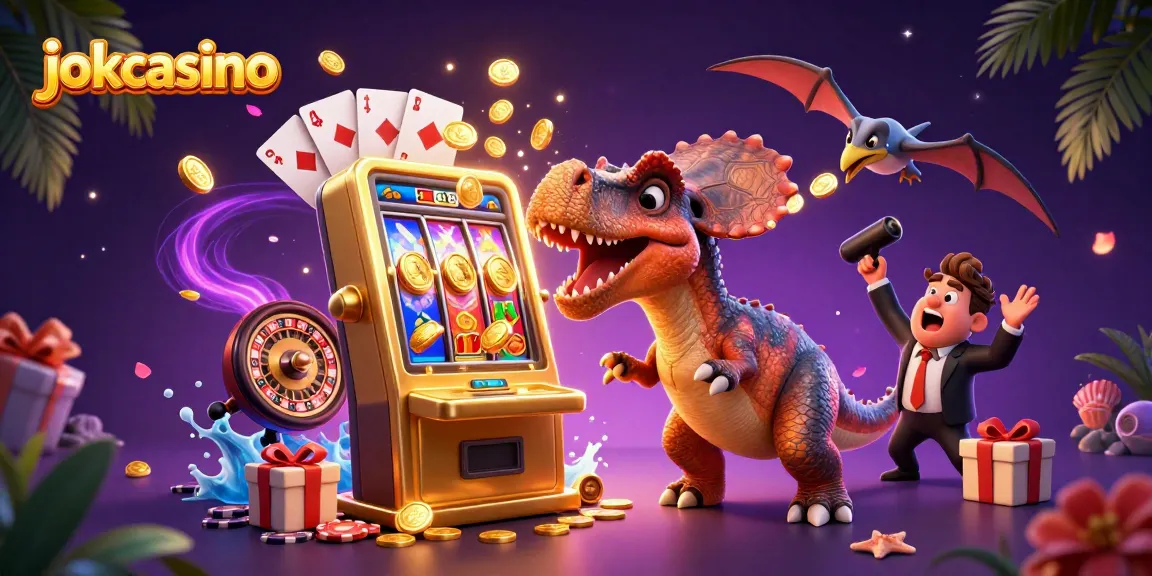 Engage with jokacasino's vibrant scene showcasing a dinosaur winning jackpot coins from a slot machine!