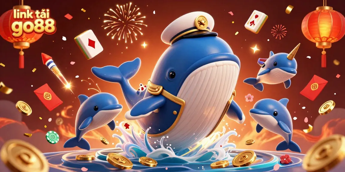 Engage with the exciting link tải go88, featuring cartoon whale and casino fun in a vibrant scene.