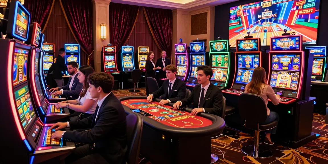 Scena dinamica di un casino non AAMS che mostra giocatori impegnati in vivaci slot e giochi da tavolo in un ambiente emozionante.