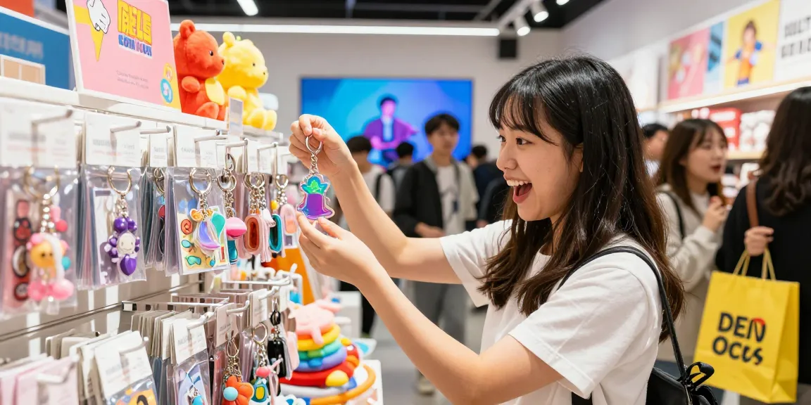 Custom keychains displayed in a vibrant retail setting, showcasing colourful merchandise.