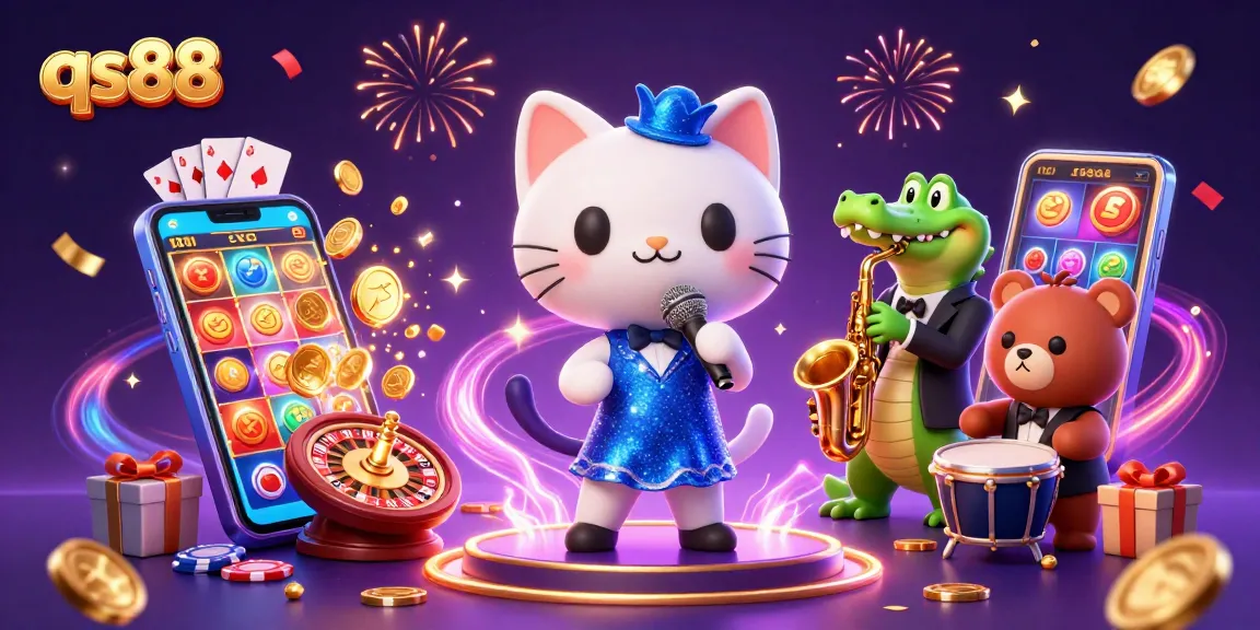 Experience the excitement of qs88 at a live casino stage with vibrant characters and dynamic gaming elements.