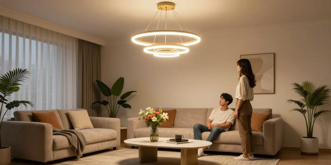 Ambianță elegantă cu un candelabru modern în living, iluminat cald și decor contemporan.