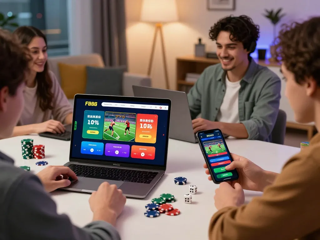 Exciting scene of friends enjoying online betting through link vào fb88 on various devices in a cozy apartment.