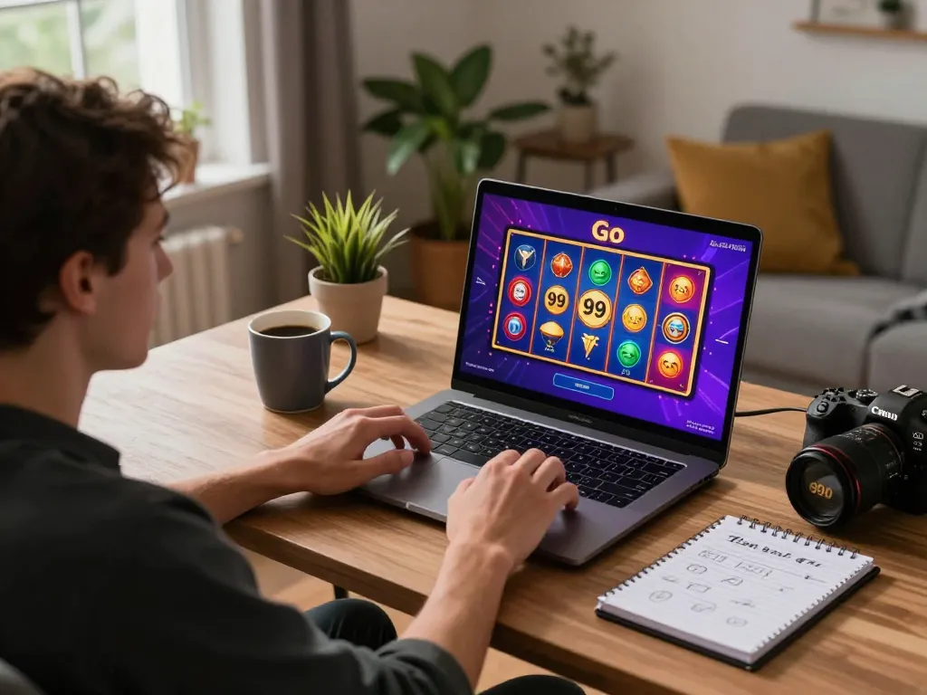Engaging with Go 99 online casino gameplay on a laptop in a cozy home setting.