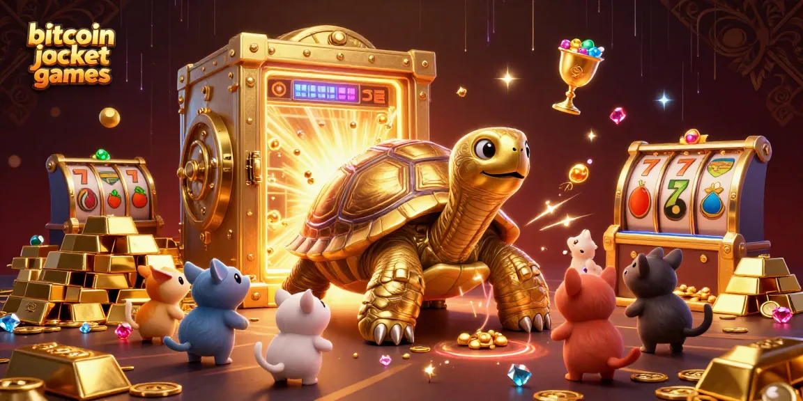 Engage with bitcoin jackpot games in a lively casino scene featuring a golden tortoise pinball machine.