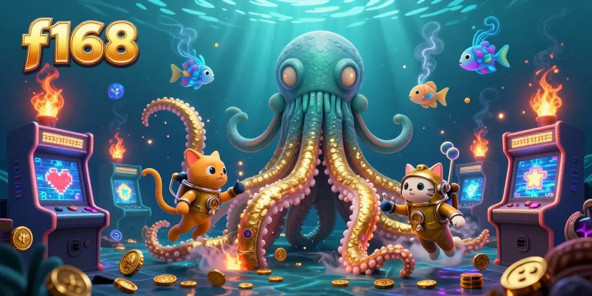Experience the excitement of winning at f168 with a vibrant 3D casino scene featuring a golden kraken and unique gaming elements.