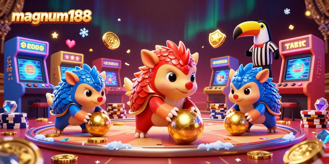Magnum188 pangolins compete in a vibrant casino game scene full of poker chips and colorful arcade elements.