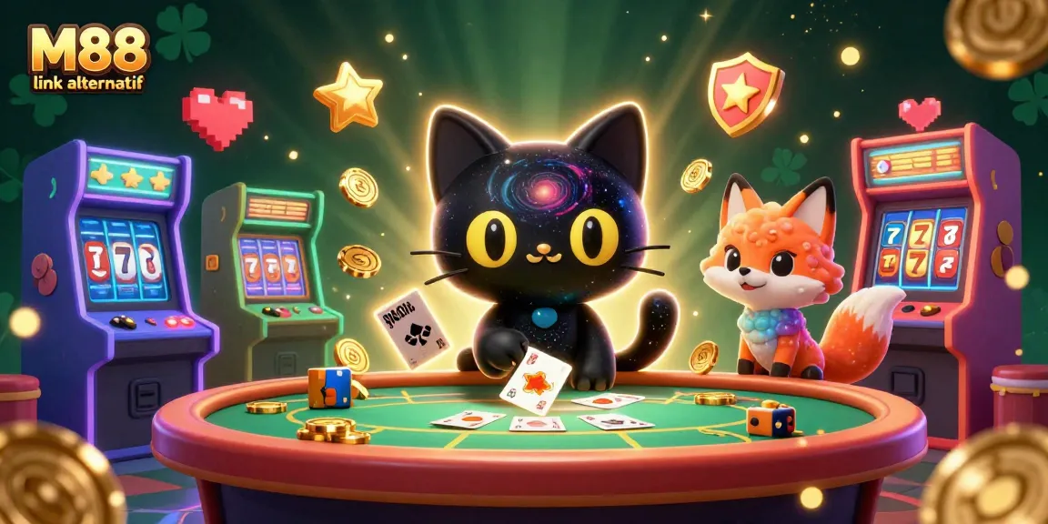 Engage in thrilling gameplay with M88 link alternatif, showcasing a cosmic casino scene with vibrant characters and gaming elements.