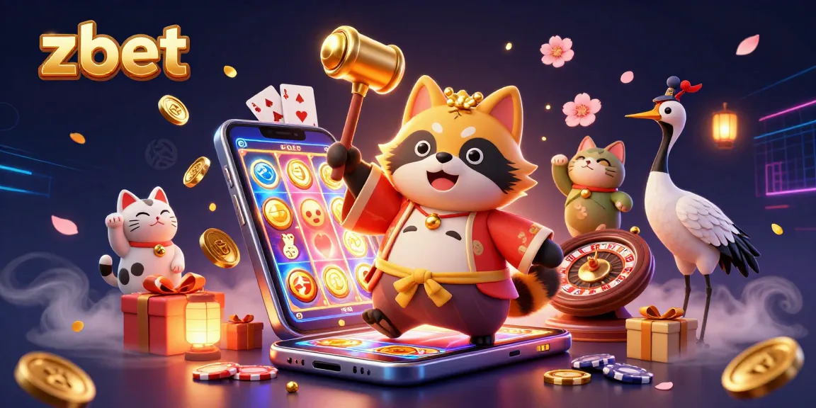 Zbet characters celebrating with a lucky mallet in a vibrant casino scene filled with games and gold.