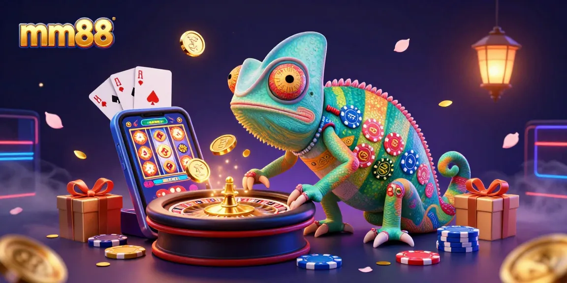 Experience mm88 with a vibrant casino scene featuring a dynamic chameleon casino owner surrounded by exciting games.