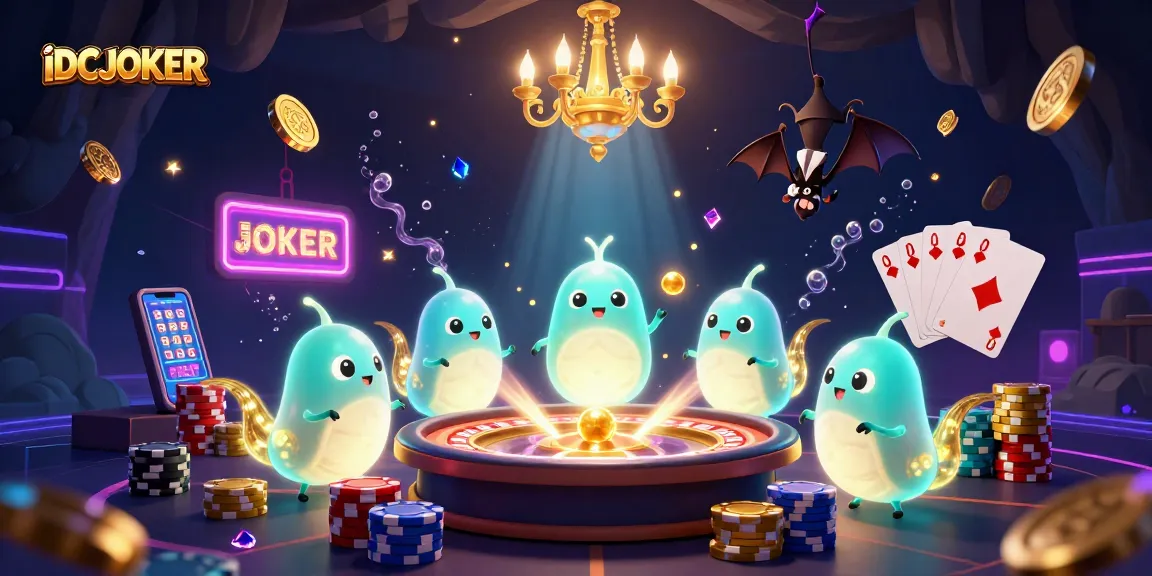 IDCJOKER illuminates a vibrant casino scene with animated glowworms, showcasing lively games and golden rewards.