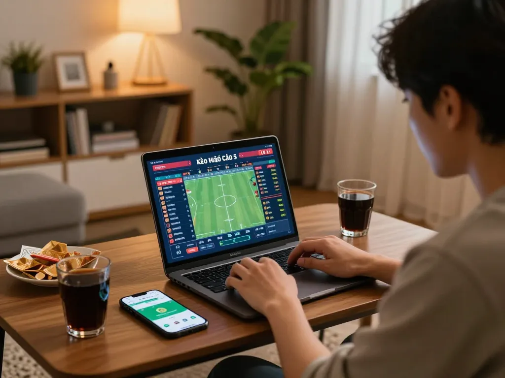 Kèo Nhà Cái 5 engagement at home, person betting on live sports via laptop and smartphone.