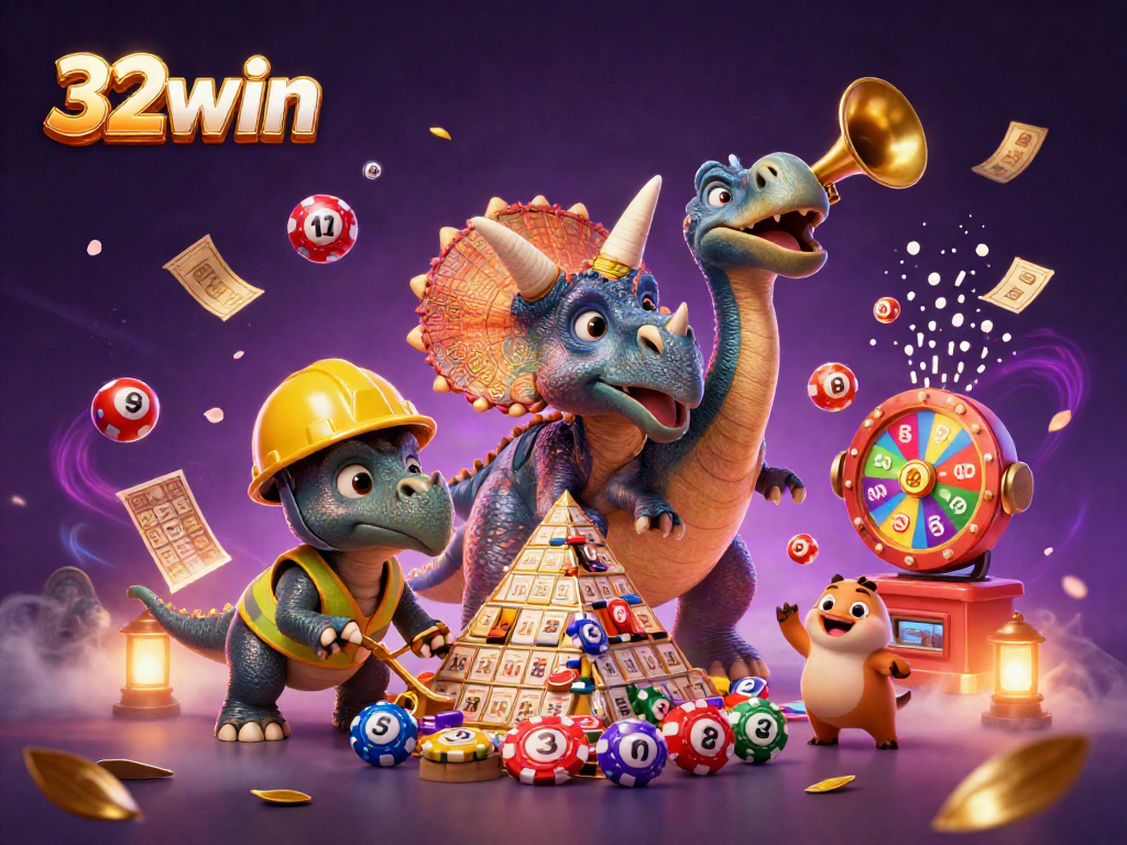 32win brings excitement to the casino with a triceratops building poker chips and festive lottery elements.