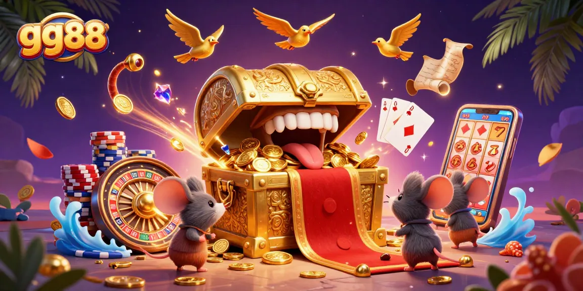 Experience the thrill at gg88's dynamic casino scene, showcasing vibrant treasures and gaming excitement.