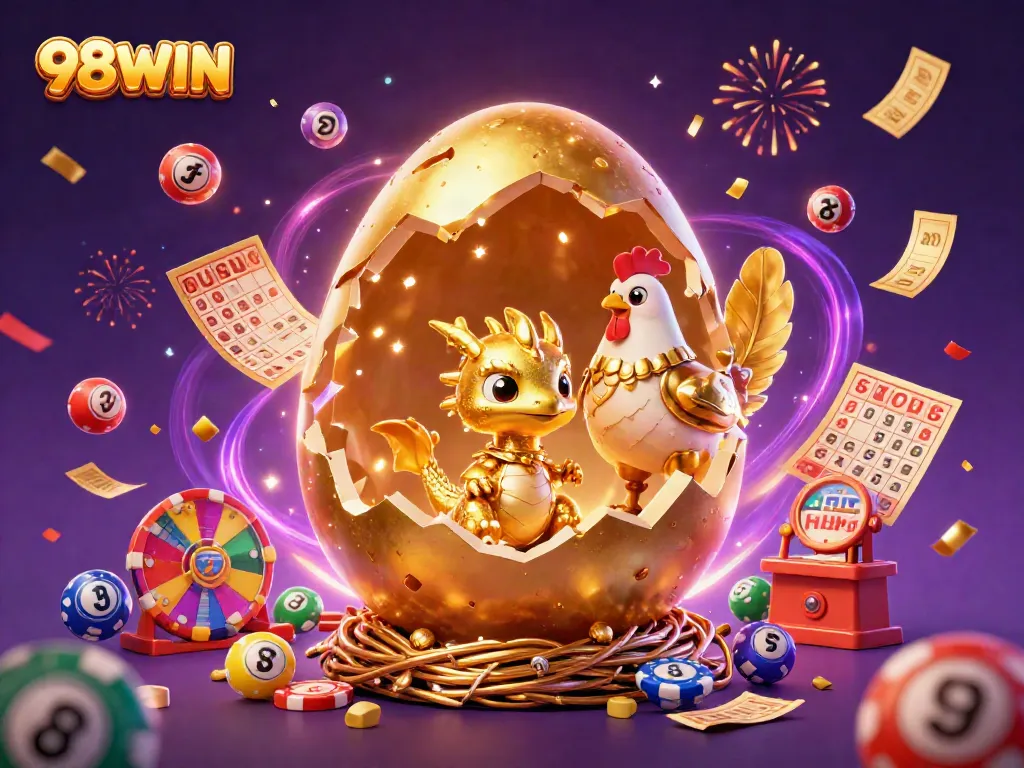 Engage with 98WIN's thrilling casino experience featuring a golden dragon amidst charming gaming elements.