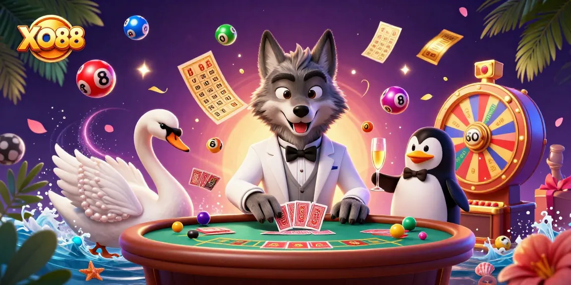 Maximize your wins with XO88 at the baccarat table featuring a stylish wolf and dazzling swan.