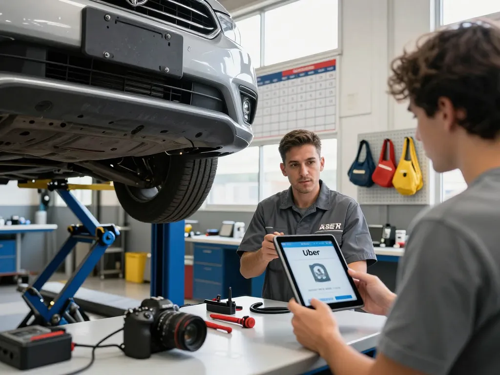 Mechanic conducting an Uber inspection online in a busy automotive shop with tools and vehicle.
