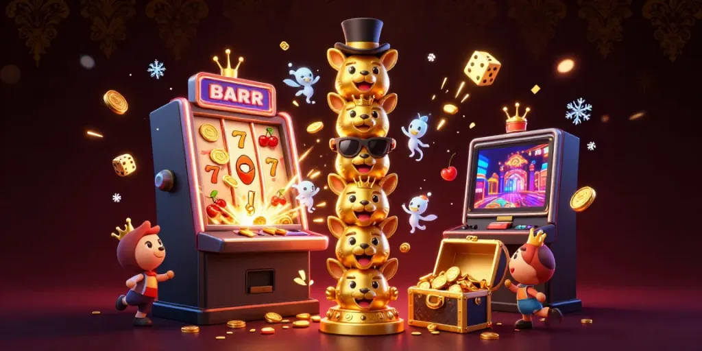Engaging 3D illustration featuring H19 with a dynamic casino theme, showcasing a totem pole, slot machine, and sparks of excitement.