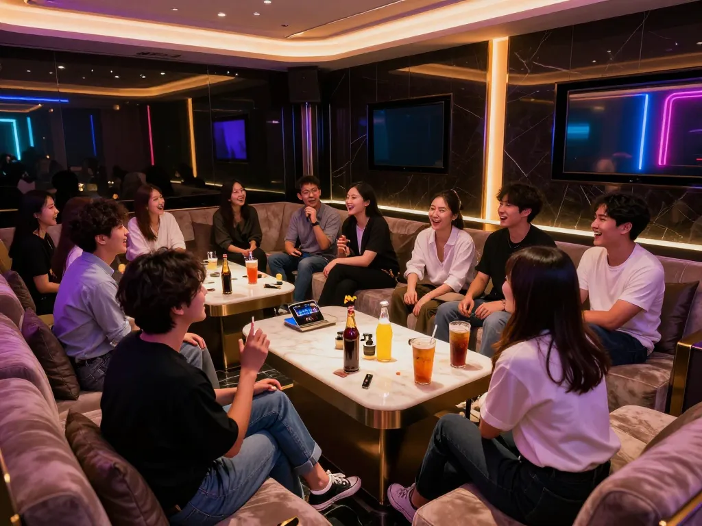 생동감 넘치는 분위기 속에서 서구청쓰리노 라운지에서 밤문화를 즐기는 흥미진진한 그룹.