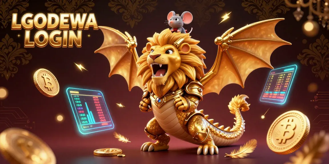 Engage with the thrilling LGODEWA LOGIN experience featuring a majestic chimera and dynamic crypto elements.