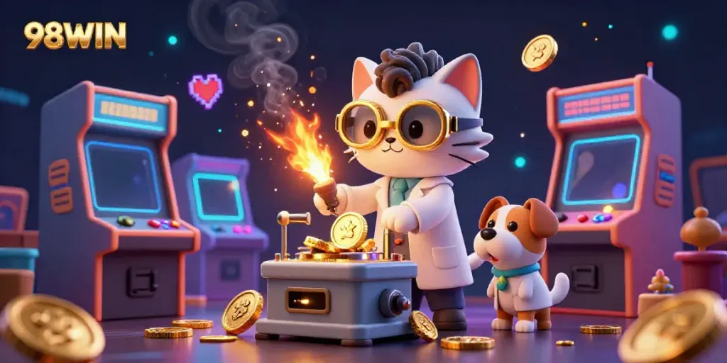 Play at 98WIN with a vibrant 3D scene showcasing a mad scientist cat and assistant amid colorful casino game elements.