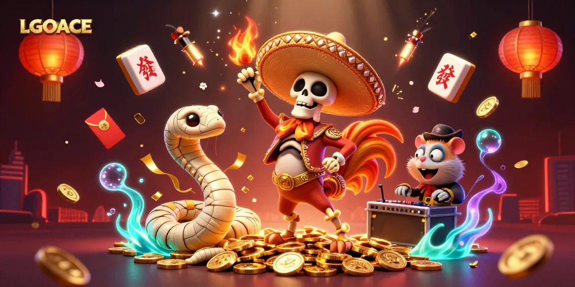 LGOACE showcases a dynamic 3D casino scene with cartoon characters and vibrant game elements celebrating winning moments.