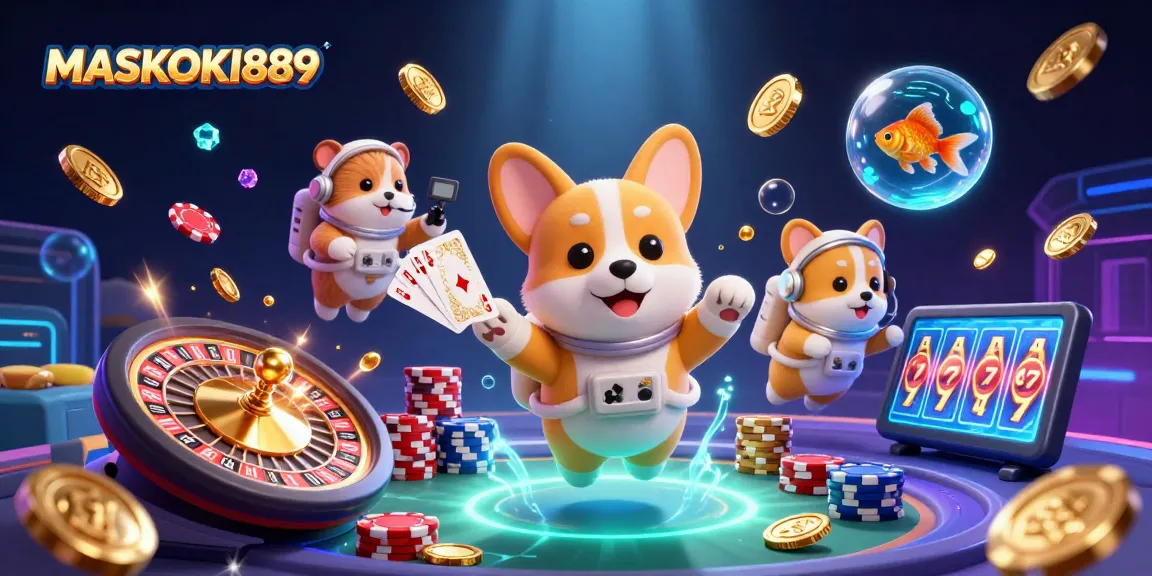 Win big at MASKOKI889 with thrilling casino games in a vibrant 3D space setting.