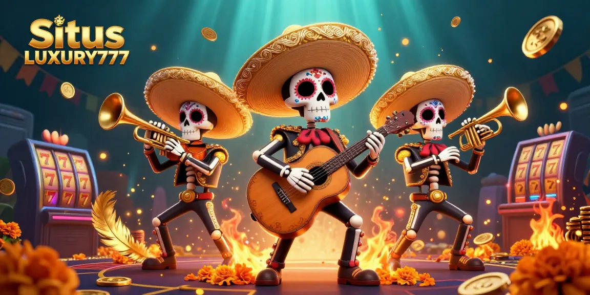 Situs LUXURY777 menampilkan ilustrasi kasino modern dengan kerangka mariachi yang sedang bermain musik.