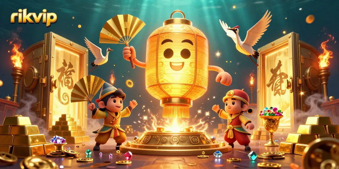 Experience thrilling gaming at rikvip as lantern spirit guides players among treasures in a vibrant casino.