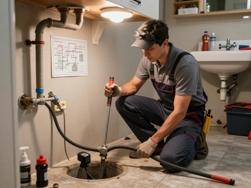 Plumber performing sewer rodding with flexible rod in a residential basement