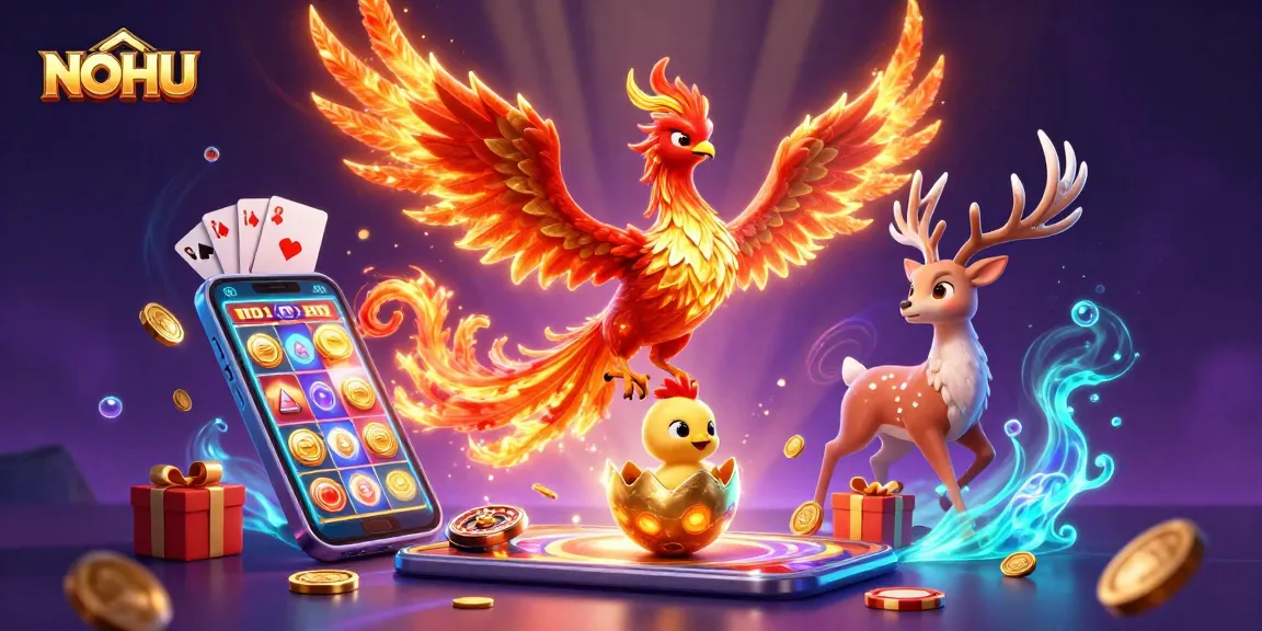 Experience the thrill of NOHU, featuring a vibrant phoenix and slot game elements in a dynamic casino scene.