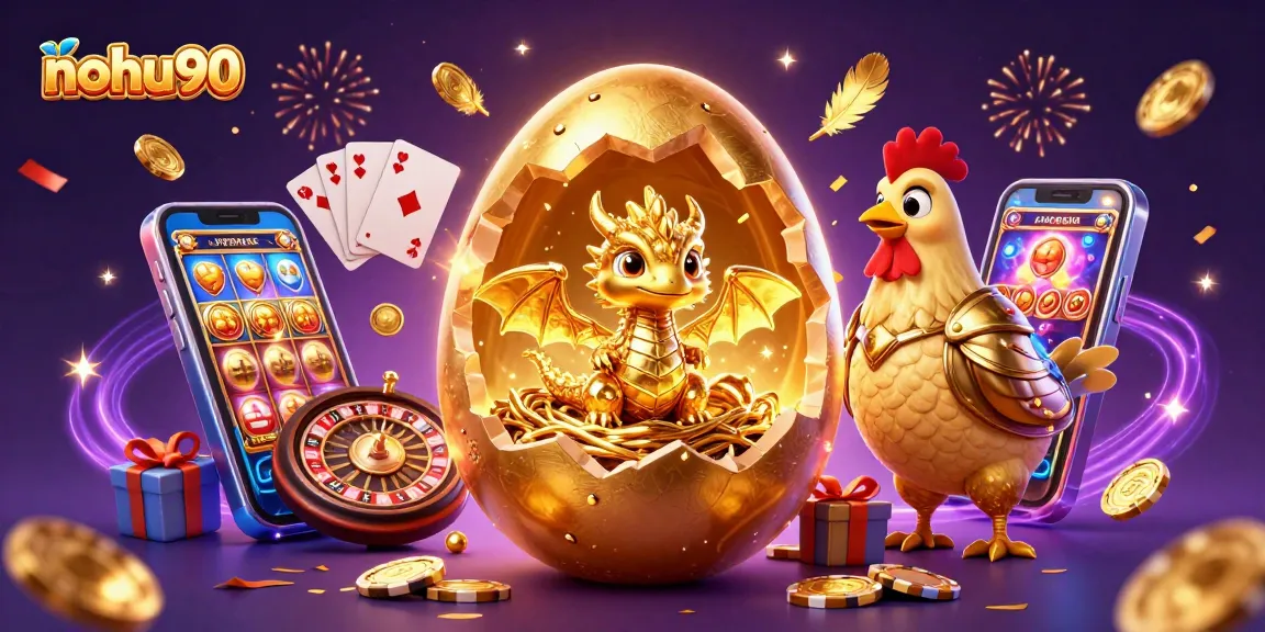 Nohu90 brings excitement with a golden egg cracking to reveal a dragon among poker chips and slot games.